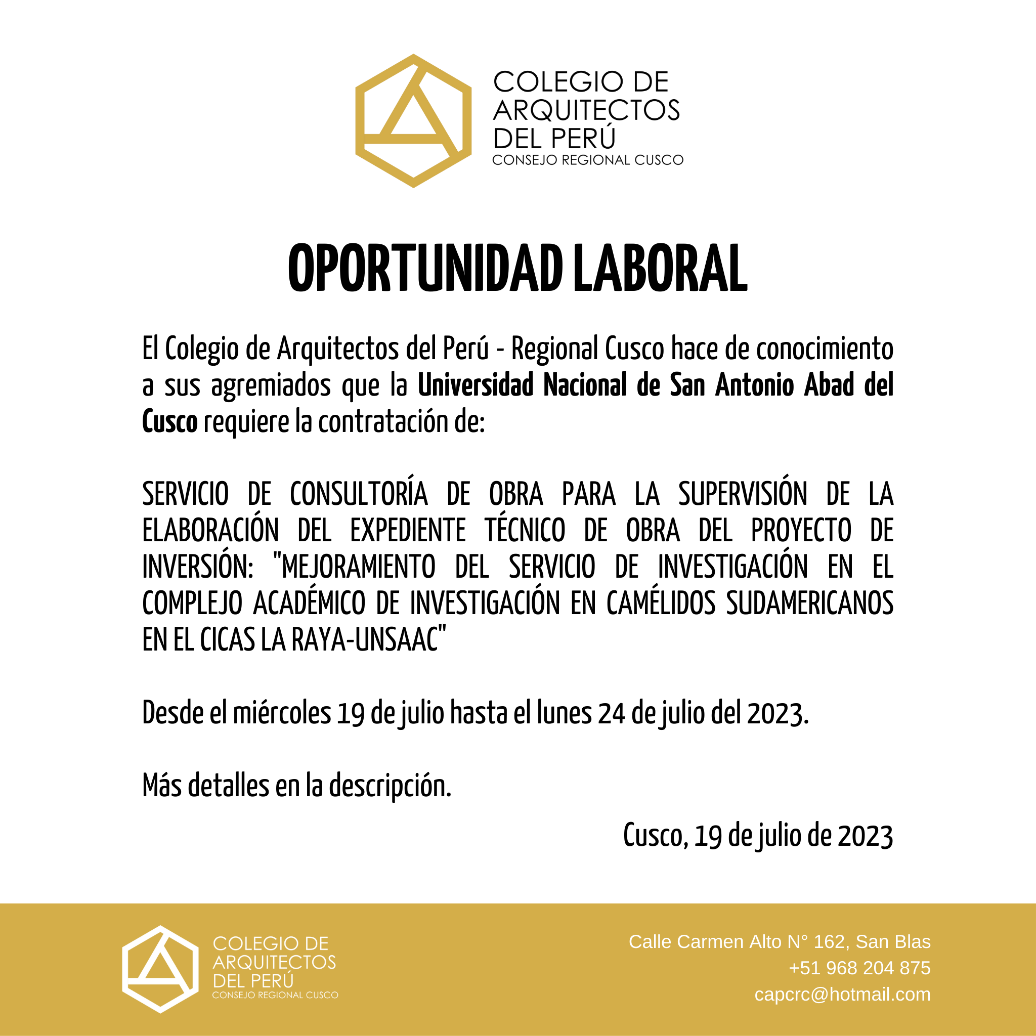 Oportunidad Laboral Universidad Nacional De San Antonio Abad Del