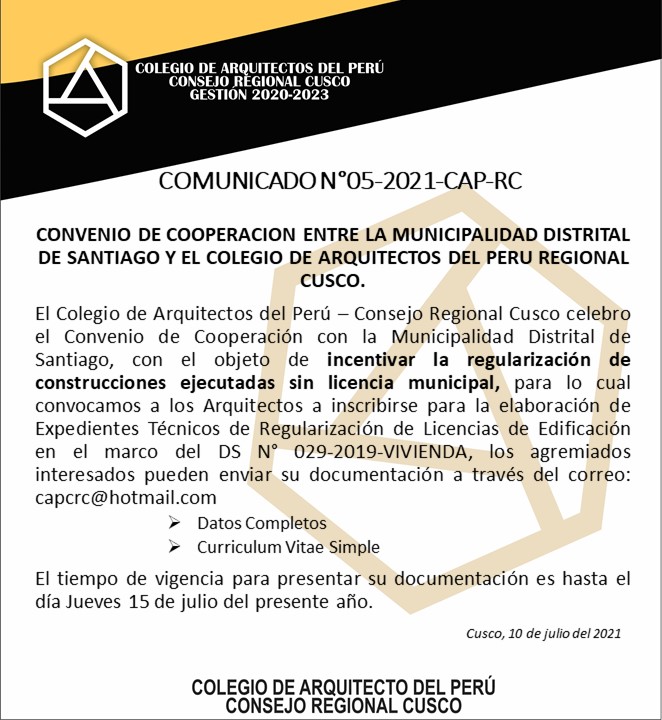 Convenio de cooperación entre la Municipalidad Distrital de Santiago y el Colegio de Arquitectos del Perú Regional Cusco